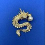 Dragon Brooch, Golden Metal, White Rhinestones, White Bead, 45x64mm