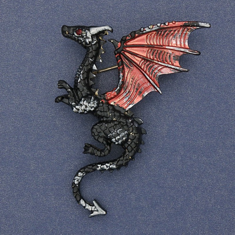 Dragon Brooch, Matte Black and Red Enamel, Golden Metal 42x66mm