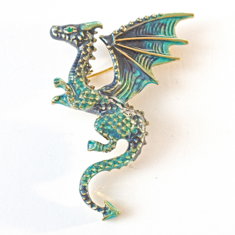 Dragon Brooch green enamel, gold-tone metal 42x66mm