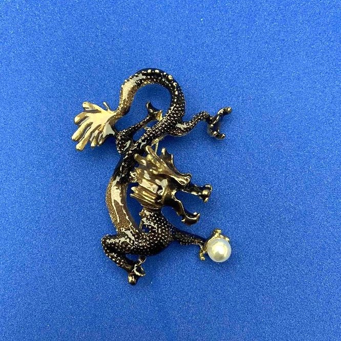 Dragon Brooch brown and beige enamel, white bead, gold-tone metal 41x51mm
