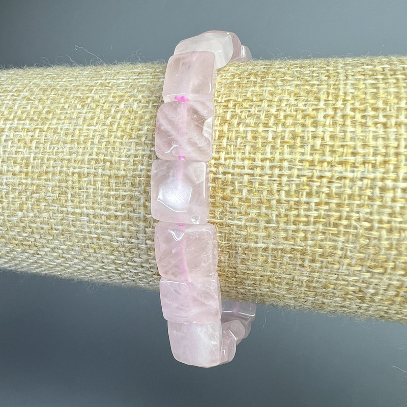 Rose Quartz Bracelet natural stone flat faceted cube, diameter 9x9x5.5mm+-, length 18cm+- (stretch)