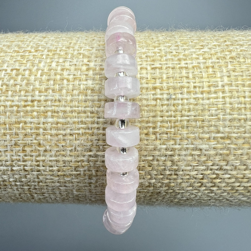 Rose Quartz Bracelet natural stone rondelle disc, diameter 7x3mm+-, length 18cm+- (stretch) with seed beads