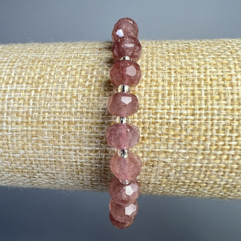Strawberry Quartz Bracelet, Natural Stone Faceted Rondelle, Diameter 8x6mm+-, Length 18cm+- (Stretch) with Seed Beads
