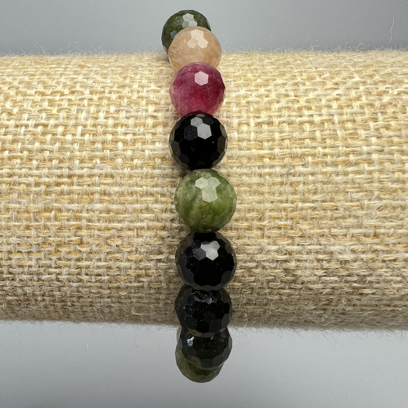 Tourmaline Bracelet, Natural Stone Faceted Beads, Diameter 8mm+-, Length 18cm+- (Stretch)