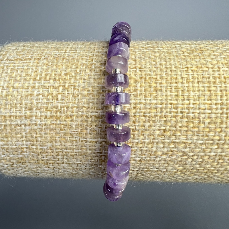 Amethyst Bracelet, Natural Stone Discs, Diameter 6.5x3mm+-, Length 18cm+- (Stretch) with Seed Beads