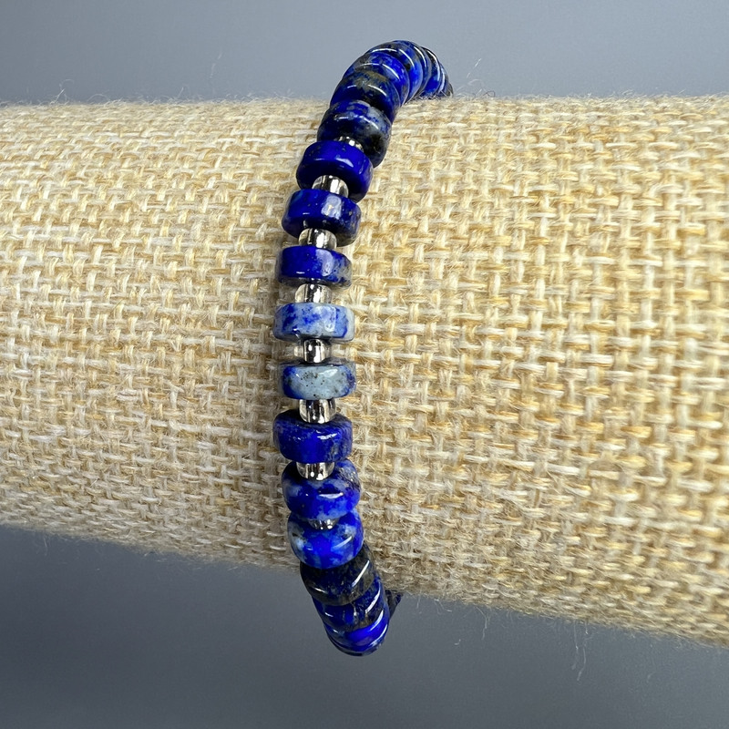 Lapis Lazuli Bracelet, natural stone disc, diameter 6x2.5mm+/-, length 18cm+/- (stretch) with beads