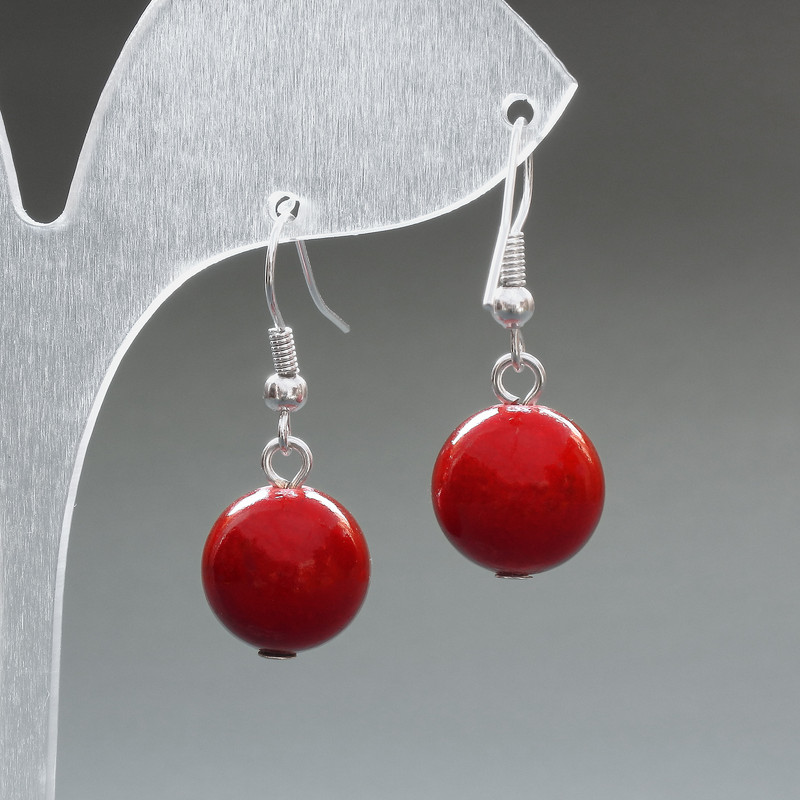 Coral (pressed) Earrings, smooth ball, diameter 12mm+/-, length 33mm+