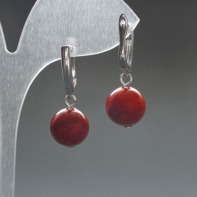 Red Jasper (artificial acrylic) Earrings, smooth ball, diameter 12mm+/- English lock, length 33mm+