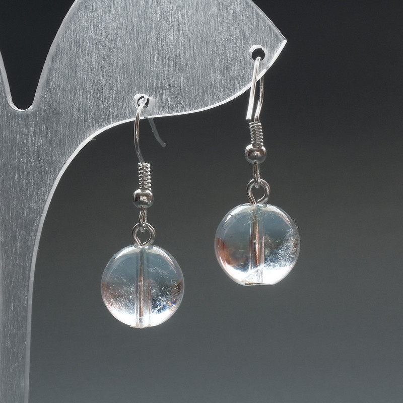 Rock Crystal Natural Stone Earrings, smooth round beads, diameter 12.5mm(+-), length 33mm+