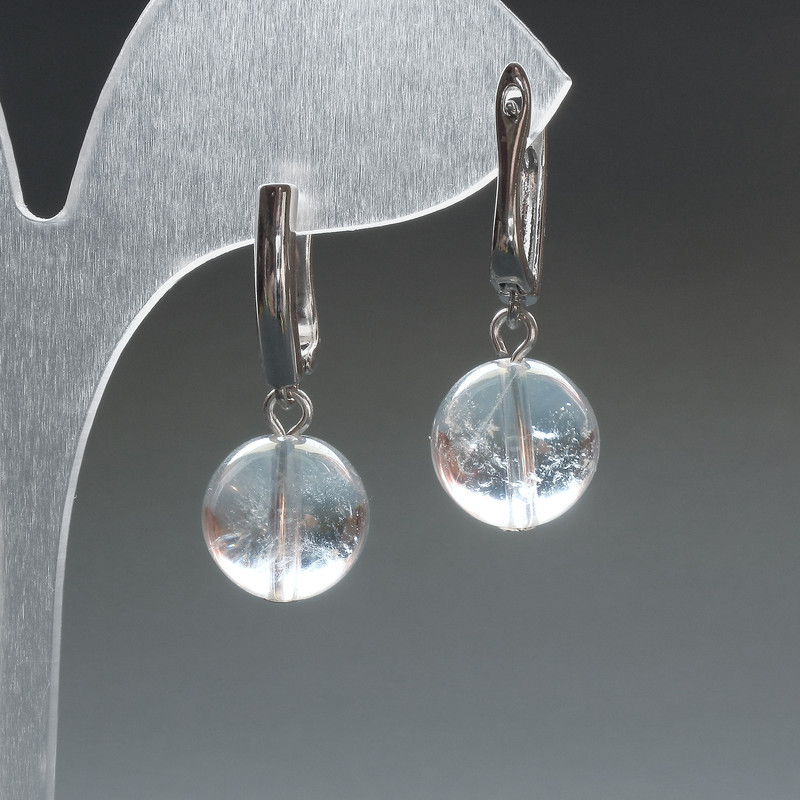 Rock Crystal Natural Stone Earrings, smooth round beads, diameter 12.5mm(+-), English lock, length 33mm+