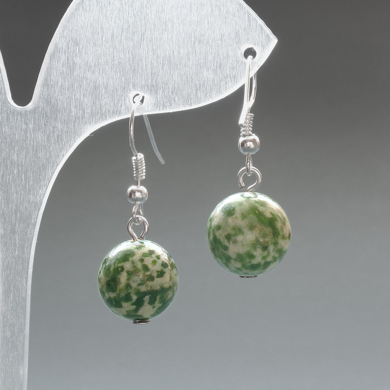 Moss Agate Earrings, smooth round beads, diameter 12.5mm(+-), length 33mm+
