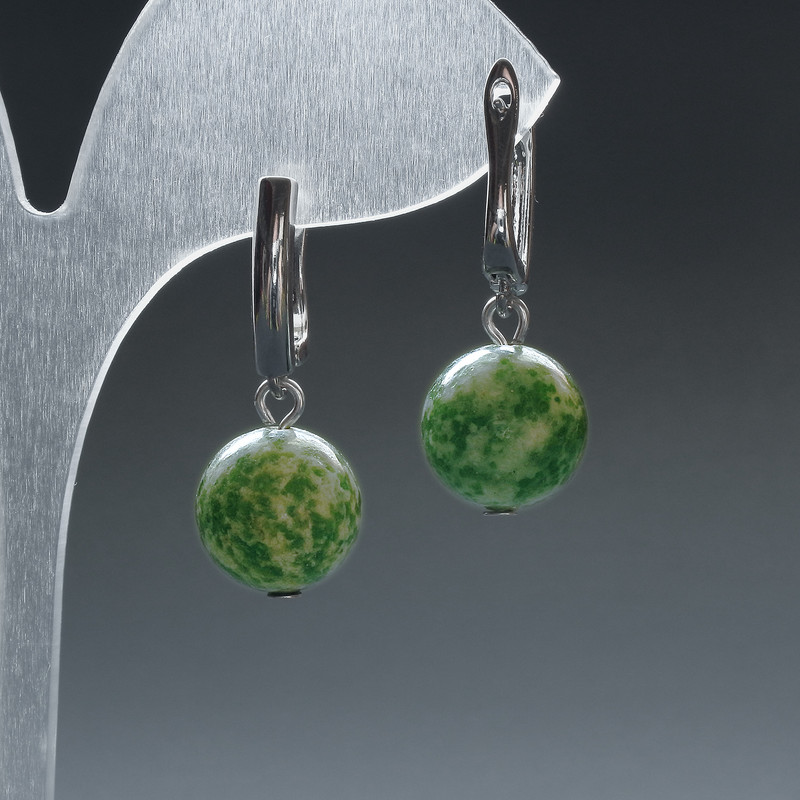Moss Agate Earrings, smooth round beads, diameter 12.5mm(+-), English lock, length 33mm+
