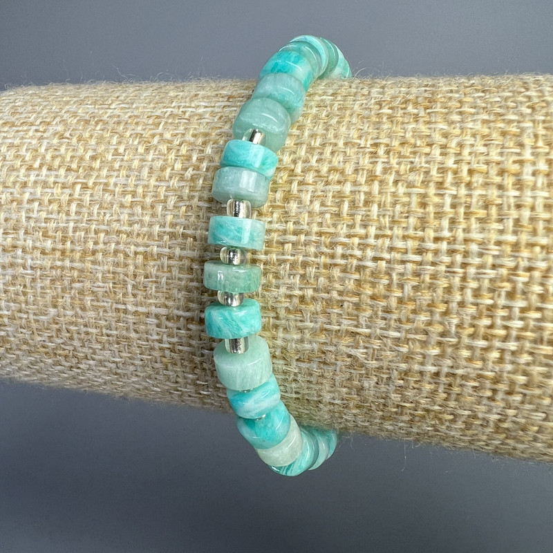 Amazonite Bracelet, Natural Stone Disc, Diameter 6x3mm+-, Length 18cm+- (Stretch) with Seed Beads