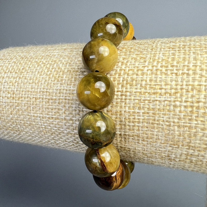 Yellow Pietersite Bracelet, natural stone smooth round beads, diameter 12.5mm+/-, length 18cm+/- (stretch)