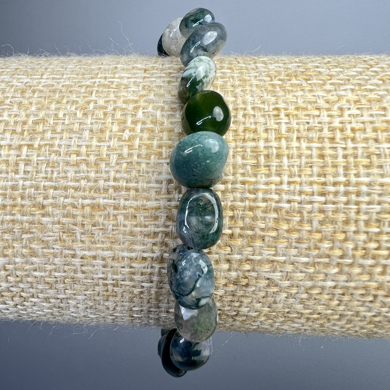 Moss Agate Bracelet, natural stone tumbled beads, diameter 7x9mm+/-, length 18cm+/- (stretch)