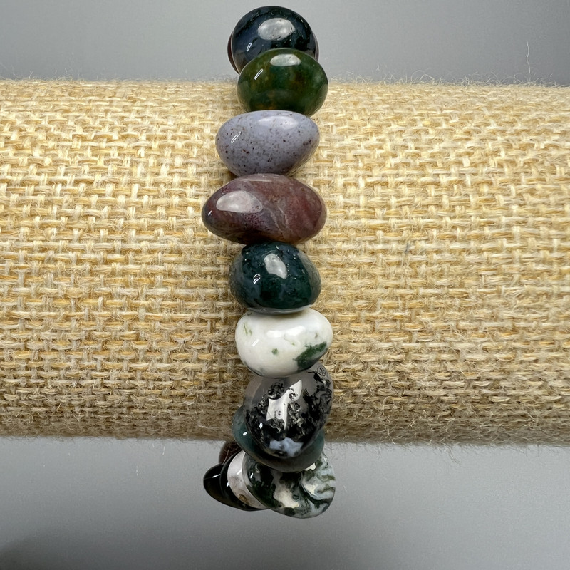 Moss Agate Bracelet, natural stone tumbled beads, diameter 12x7mm+/-, length 18cm+/- (stretch)