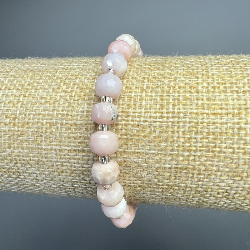 Pink Opal Bracelet, Natural Stone Faceted Rondelle, Diameter 8×6mm+/-, Length 18cm+/- (Stretch) with Seed Beads