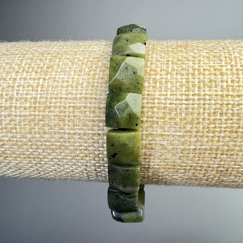 Canadian Jadeite Bracelet, Natural Stone Faceted Rectangle, 9x10x5.5mm+/-, Length 18cm+/- (Stretch)