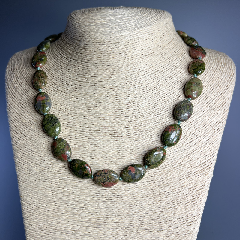 Necklace Jasper Heliotrope natural stone oval, diameter 13x18x6mm+-, length 49cm +