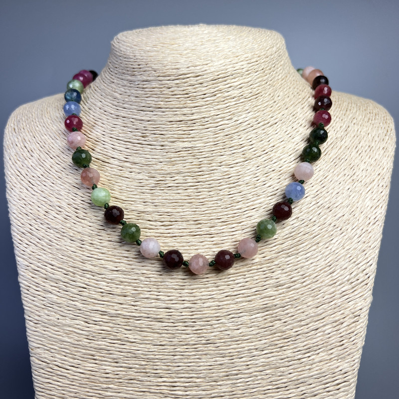 Necklace Assorted natural stone faceted round bead, diameter 8.5mm+-, length 50cm +