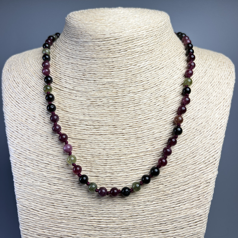 Necklace Tourmaline natural stone smooth round bead, diameter 6.5mm+-, length 50cm +