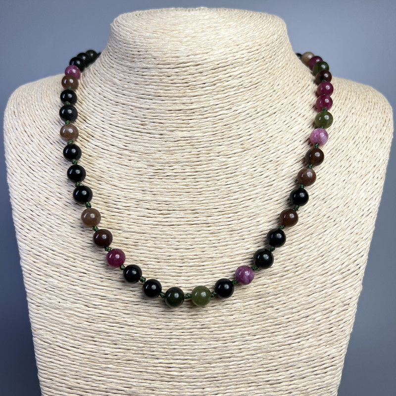 Necklace Tourmaline natural stone smooth round bead, diameter 8mm+-, length 50cm +
