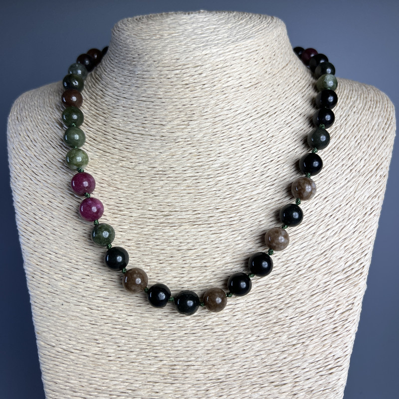 Necklace Tourmaline natural stone smooth round bead, diameter 10mm+-, length 50cm +