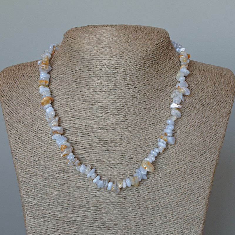 Blue Agate Necklace (Blue Chalcedony, Saphirine) Natural Stone Chips, Diameter 9x3mm+/-, Length 47cm+