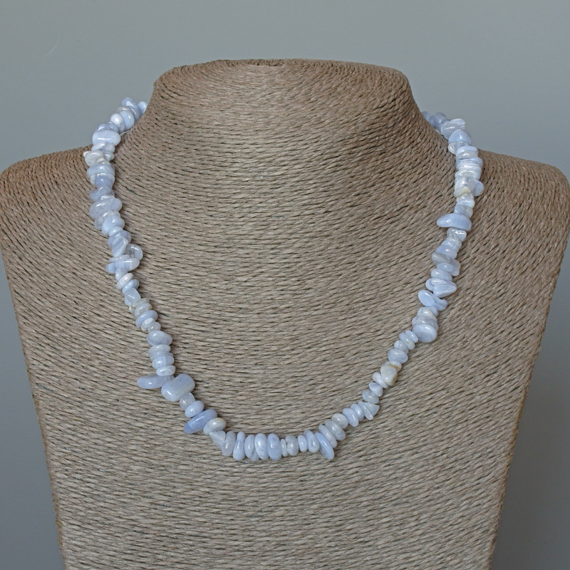 Blue Agate Necklace (Blue Chalcedony, Sapphirine), natural stone tumbled beads, diameter 7x3mm+/-, length 48cm+