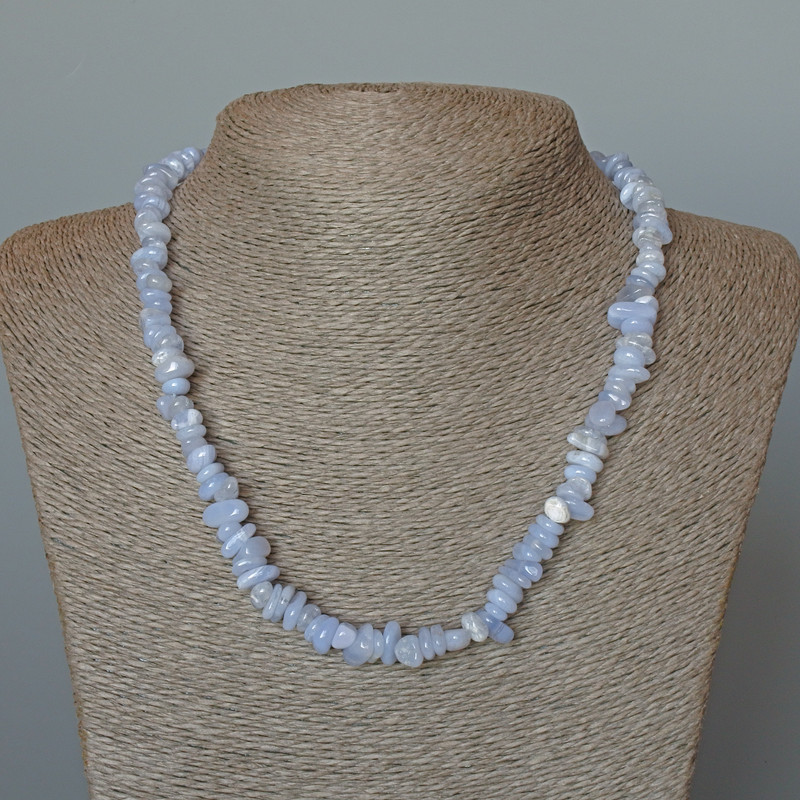 Blue Agate Necklace (Blue Chalcedony, Sapphirine), natural stone tumbled beads, diameter 8x3mm+/-, length 48cm+