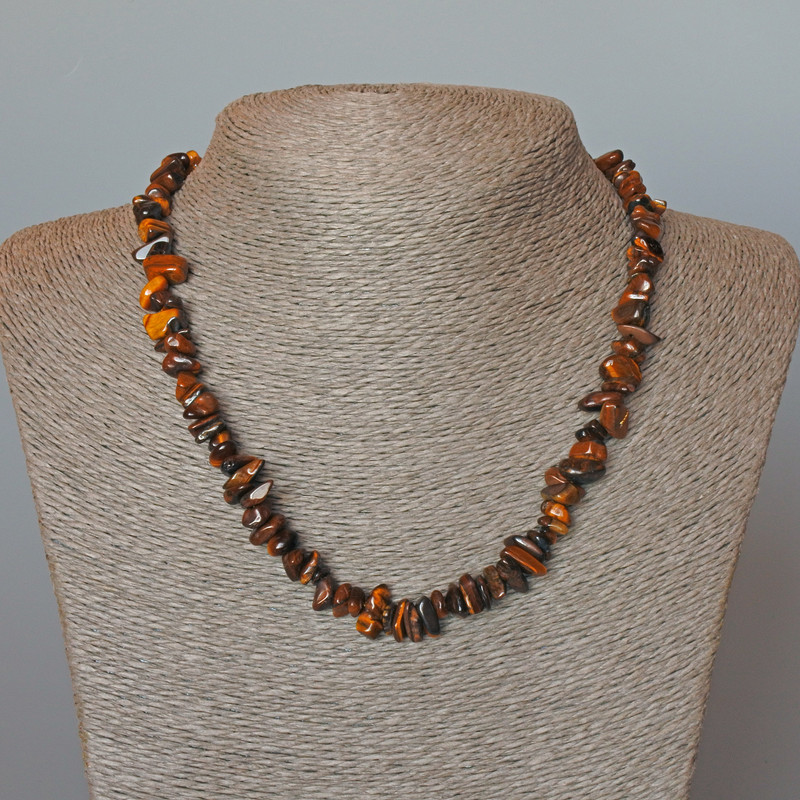 Tiger's Eye Necklace, natural stone chips, diameter 7x3mm+/-, length 47cm+