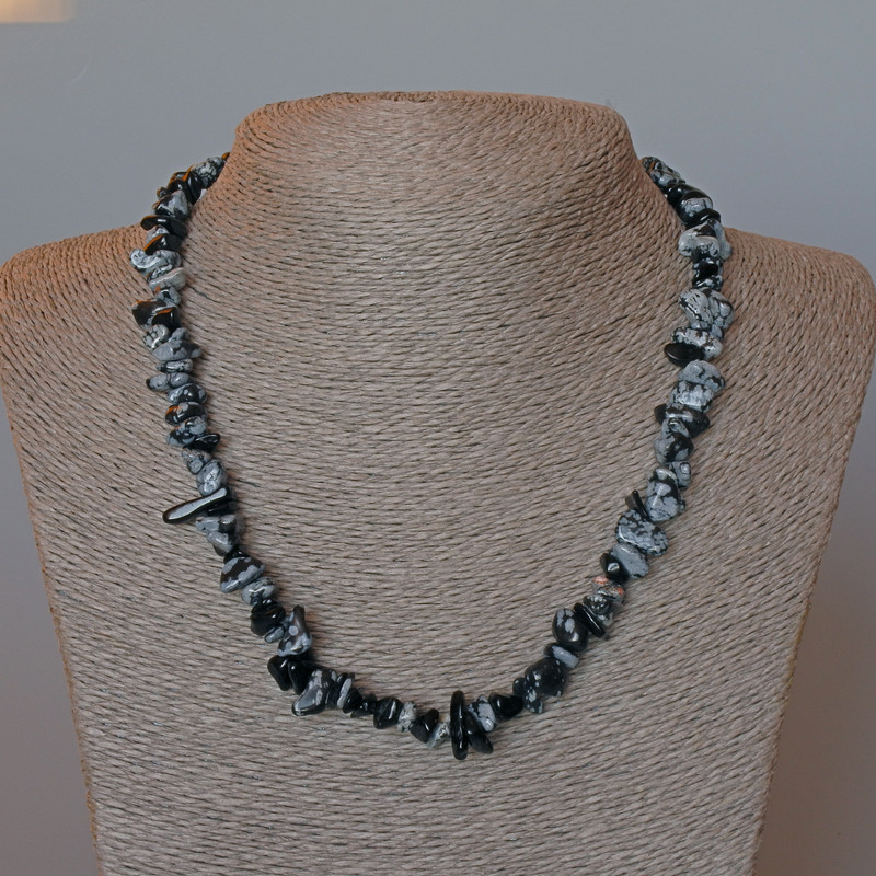 Snowflake Obsidian Necklace, natural stone chips, diameter 9x4mm+/-, length 47cm+