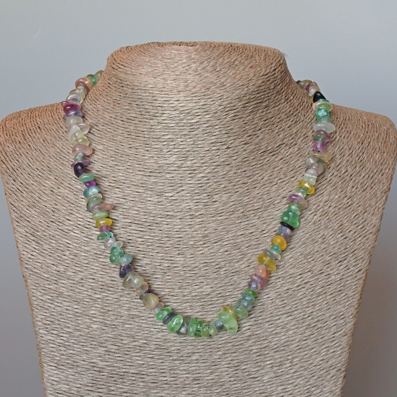 Fluorite Necklace, natural stone tumbled beads, diameter 8x3mm+/-, length 47cm+