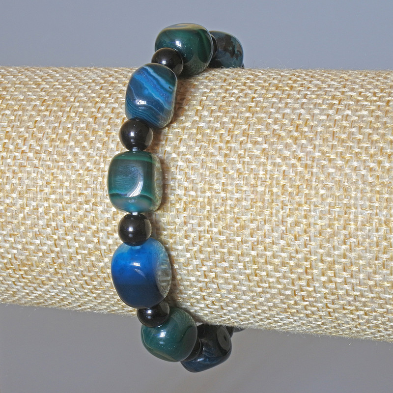 Blue-Green Agate Bracelet natural stone bar bead, diameter 9x12mm+/-, smooth round bead, diameter 6mm+/-, length 18cm+/- (stretch)