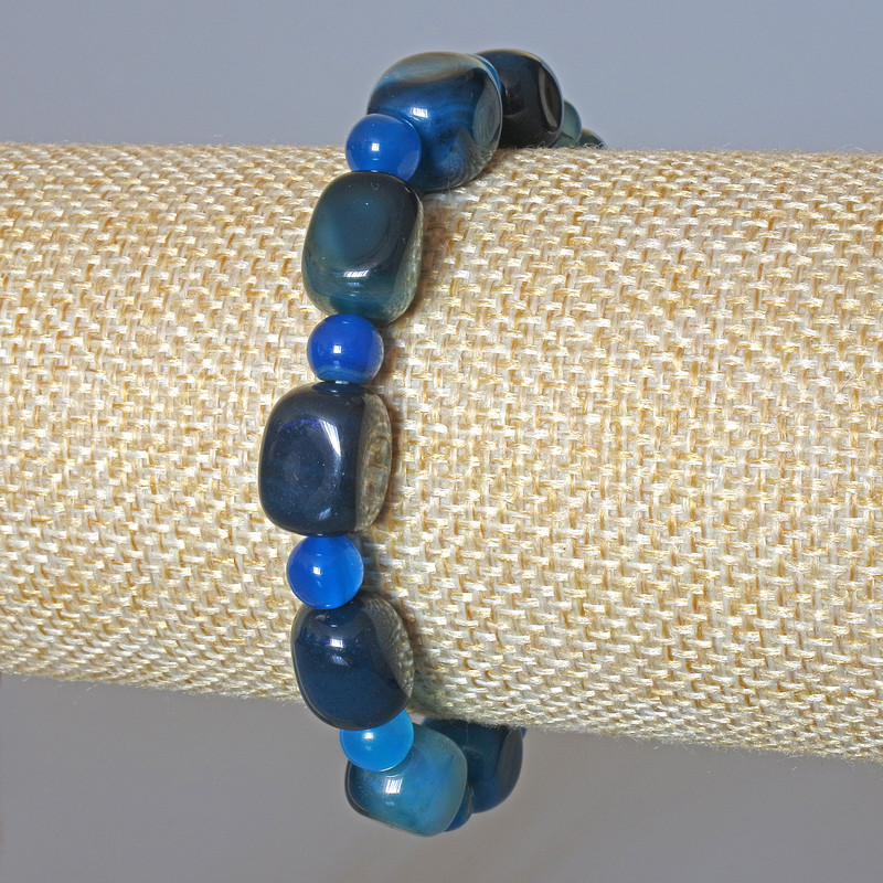 Blue Agate Bracelet natural stone bar bead, diameter 9x11mm+/-, smooth round bead, diameter 6mm+/-, length 18cm+/- (stretch)