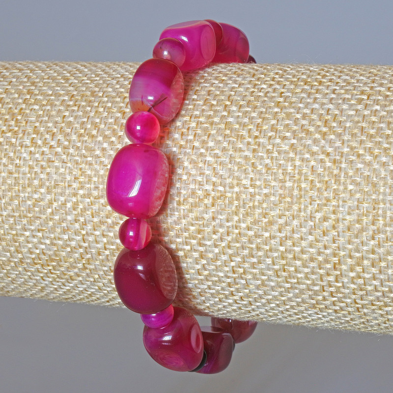 Raspberry Agate Bracelet, Natural Stone Bar 9x12mm+/-, Smooth Round 6mm+/-, Length 18cm+/- (Stretch)