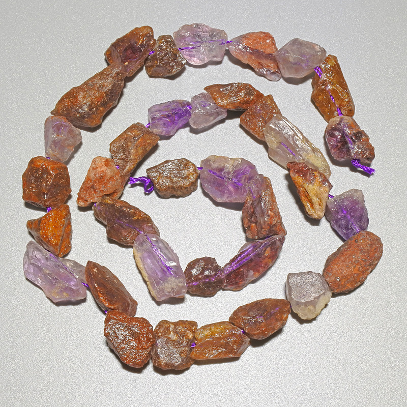 Amethyst & Strawberry Quartz Beads natural raw stone nuggets, diameter 9x13mm+/-, length 39cm+/- on a strand