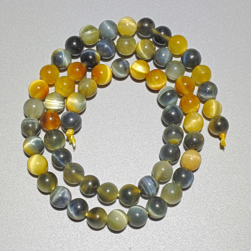 Yellow-Grey Cat's Eye Beads, Natural Stone, Smooth Round, Diameter 6.5mm+/-, Length 38cm+/- on a Thread