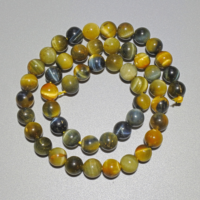 Yellow-Grey Cat's Eye Beads, Natural Stone, Smooth Round, Diameter 8mm+/-, Length 39cm+/- on a Thread