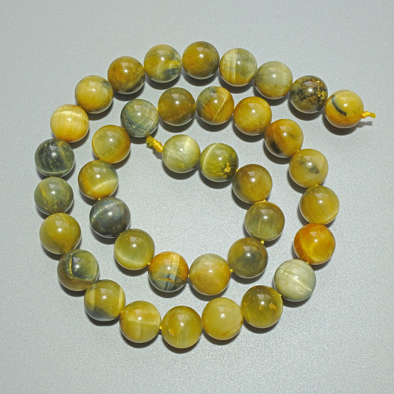 Yellow-Grey Cat's Eye Beads, Natural Stone, Smooth Round, Diameter 10.5mm+/-, Length 39cm+/- on a Thread