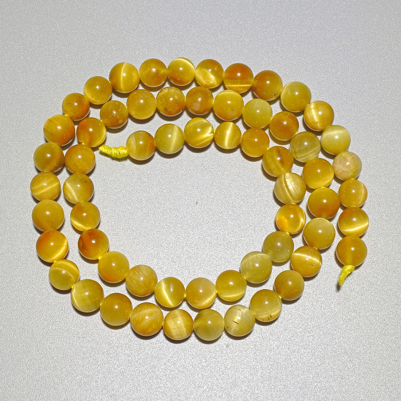 Yellow Cat's Eye Beads, Natural Stone, Smooth Round, Diameter 6.5mm+/-, Length 38cm+/- on a Thread