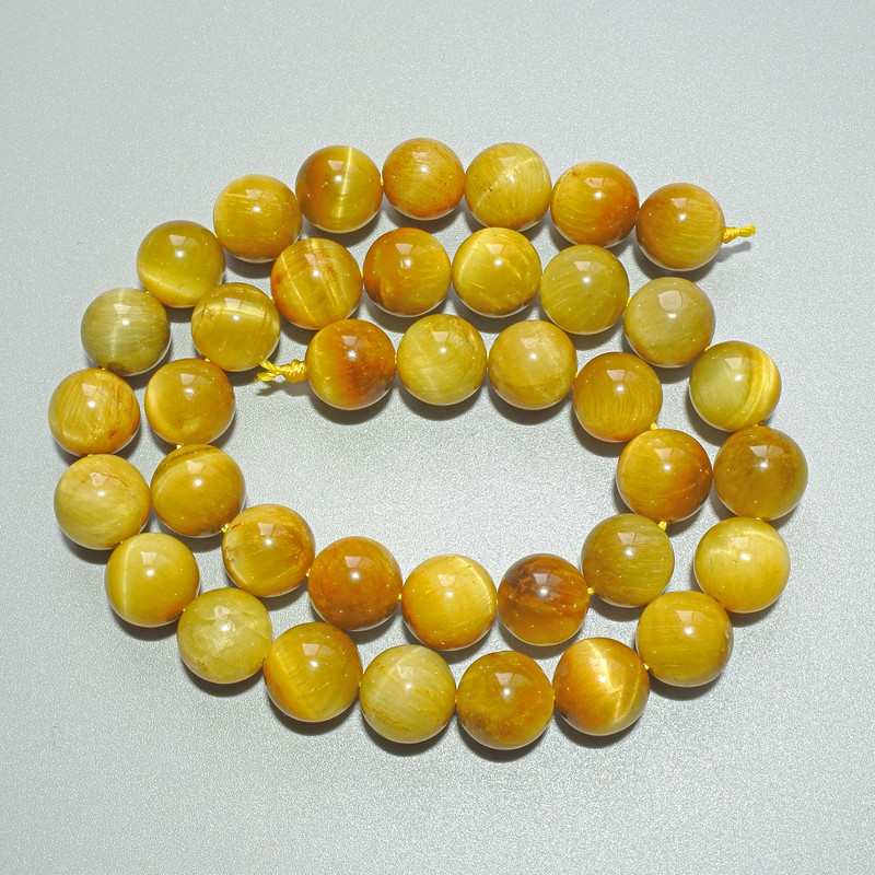 Yellow Cat's Eye Beads, Natural Stone, Smooth Round, Diameter 10mm+/-, Length 38cm+/- on a Thread