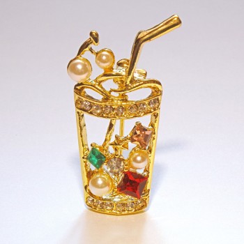 Cocktail Brooch, Multicoloured Rhinestones and Beads, Gold-Tone Metal, 15x35mm