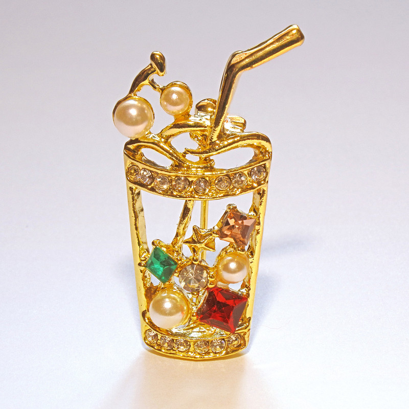 Cocktail Brooch, Multicoloured Rhinestones and Beads, Gold-Tone Metal, 15x35mm