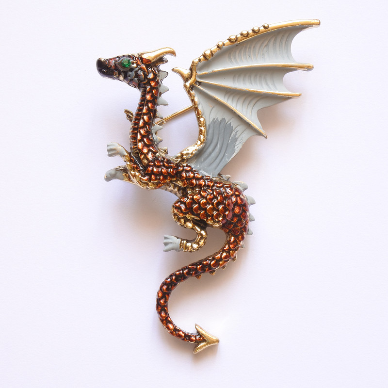Dragon Brooch, Grey and Bronze Enamel, Gold-Tone Metal, 42x66mm