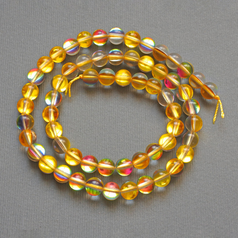 Opal Glass Beads Yellow Chameleon Smooth Round, Diameter 6.5mm+/-, Length 38cm+/- on Thread