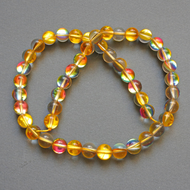 Opal Glass Beads Yellow Chameleon Smooth Round, Diameter 8.5mm+/-, Length 38cm+/- on Thread