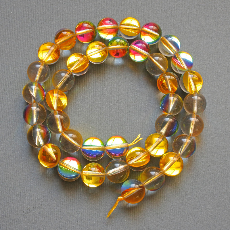 Opal Glass Beads Yellow Chameleon Smooth Round, Diameter 10mm+/-, Length 38cm+/- on Thread