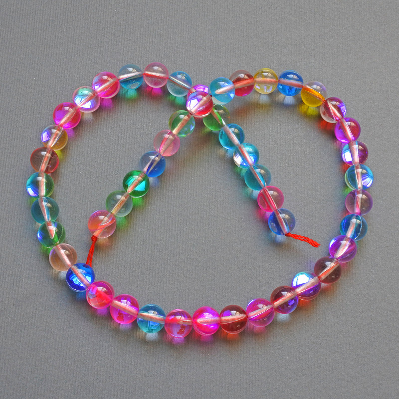 Beads Opal Glass Multicolour smooth round bead, diameter 6.5mm+/-, length 38cm +/- on thread