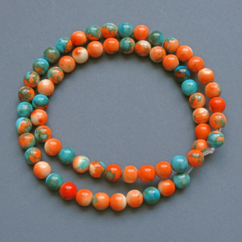 Beads "Variscite" (synthetic acrylic) orange, blue and white smooth round bead, diameter 6.5mm+/-, length 40cm +/- on fishing line